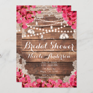 Rustic Wood Lace Bright Pink Roses Bridal Shower Invitation