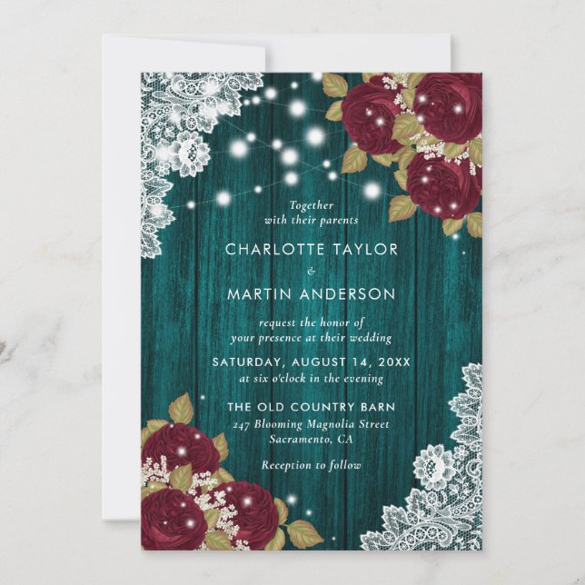 Rustic Wood Lace Burgundy and Teal Floral Wedding Invitation (Front)