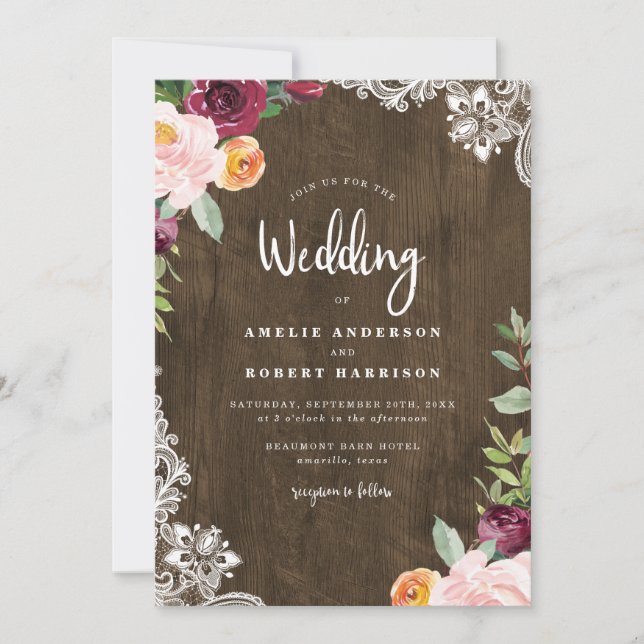 Rustic Wood & Lace Burgundy Blush Floral Wedding Invitation (Front)