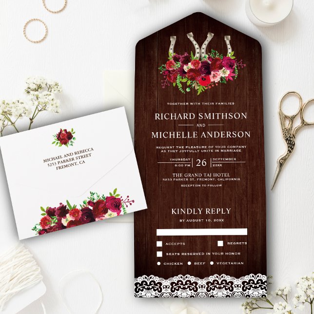 Rustic Wood Lace Burgundy Floral Horseshoe Wedding All In One Invitation (Creator Uploaded)