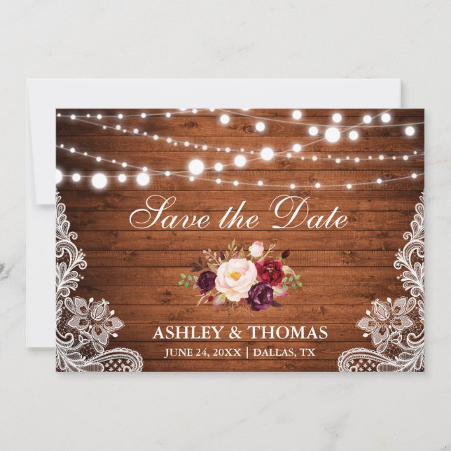 Rustic Wood Lace Burgundy Floral Save the Date (Front)