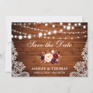 Rustic Wood Lace Burgundy Floral Save the Date