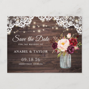 Rustic Wood Lace Burgundy Mason Jar Save the Date Announcement Postcard
