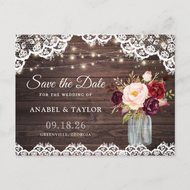 Rustic Wood Lace Burgundy Mason Jar Save the Date Announcement Postcard (Front)