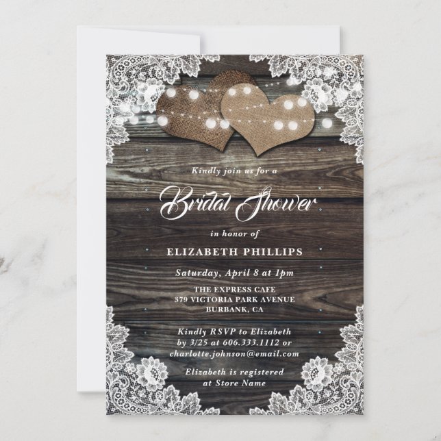 Rustic Wood Lace Burlap Hearts Bridal Shower Invitation (Front)