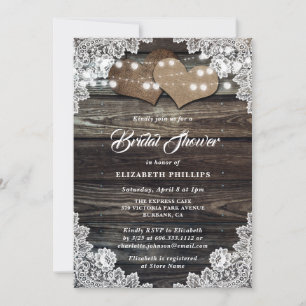 Rustic Wood Lace Burlap Hearts Bridal Shower Invitation