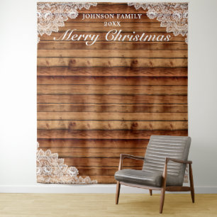 Rustic Wood & Lace Christmas Photo Background Tapestry