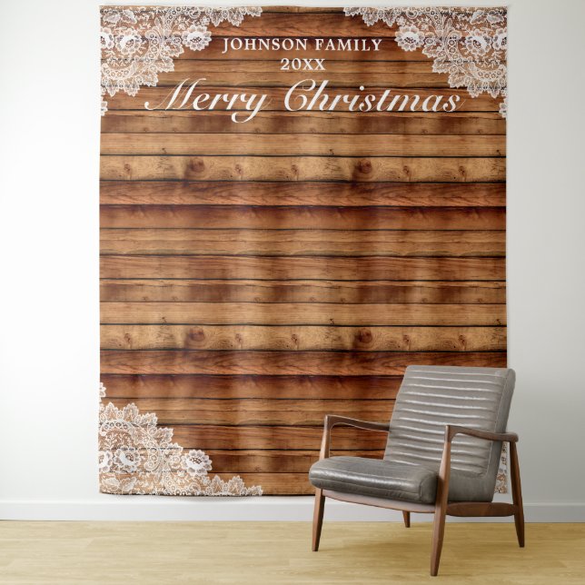 Rustic Wood & Lace Christmas Photo Background Tapestry (In Situ)