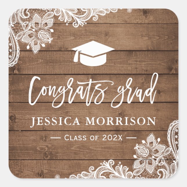 Rustic Wood Lace Congrats Grad Graduation Favour Square Sticker (Front)