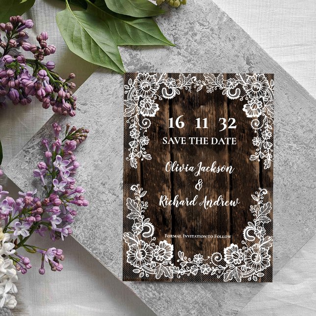Rustic Wood Lace Country Wedding Save the Date (Rustic Wood Lace Country Wedding Save the Date)