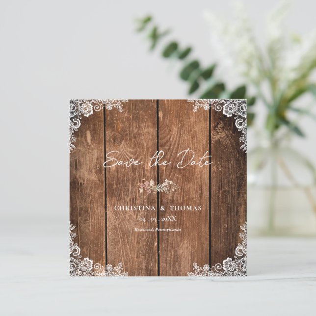 Rustic Wood Lace Country Wedding Save The Date (Standing Front)