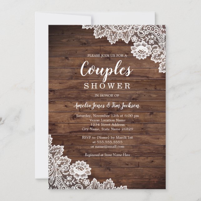 Rustic Wood Lace Couples Wedding Shower Invitation (Front)
