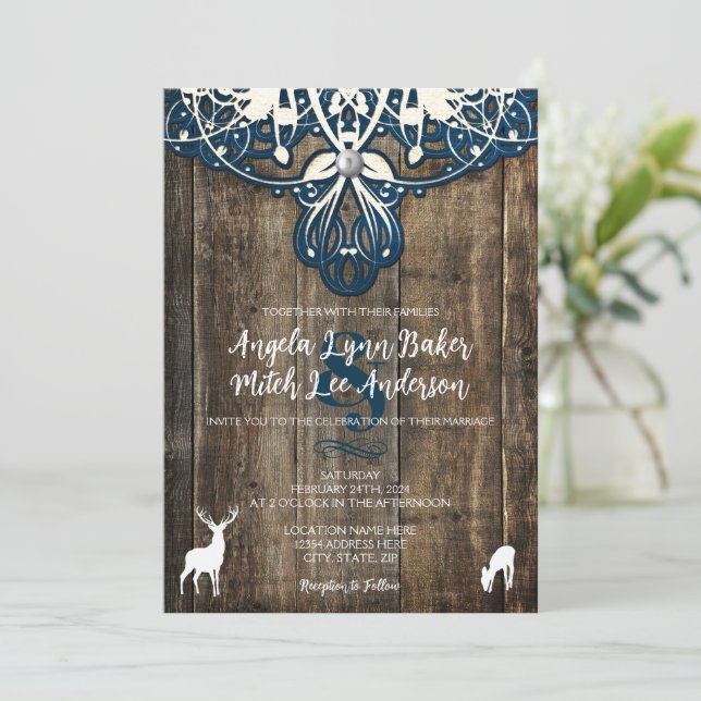 Rustic Wood Lace Deer Wedding Invitation (Standing Front)