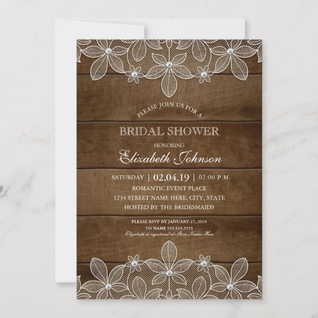 Rustic Wood Lace Elegant Country Bridal Shower Invitation (Front)