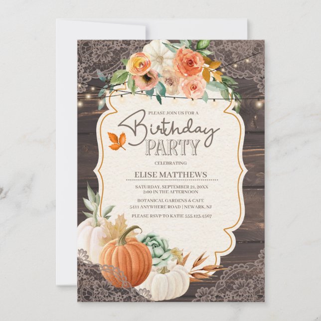 Rustic Wood Lace Fall Birthday Invitation (Front)