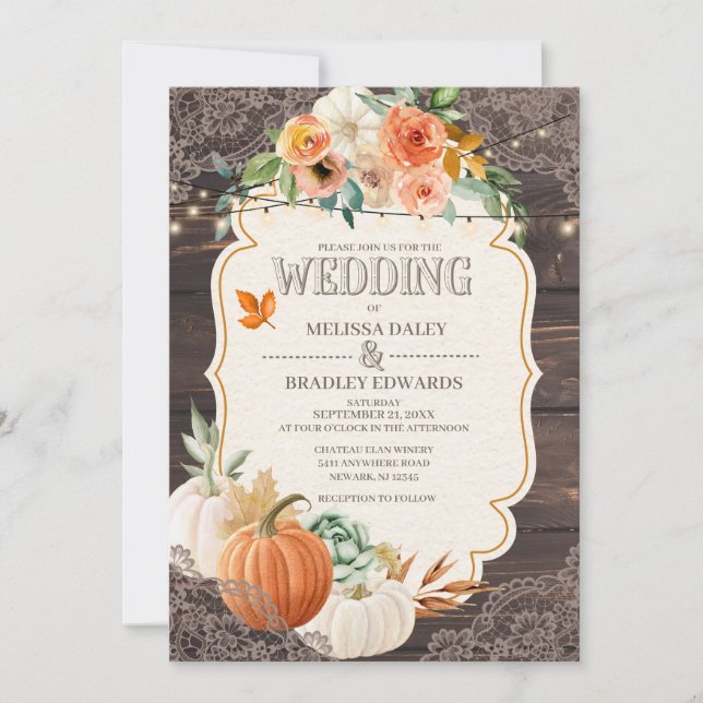 Rustic Wood Lace Fall Wedding Invitation (Front)
