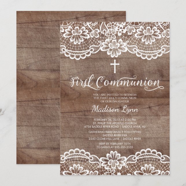 Rustic Wood Lace First Holy Communion Invitation (Front/Back)