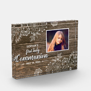 Rustic Wood Lace First Holy Communion Photo Block