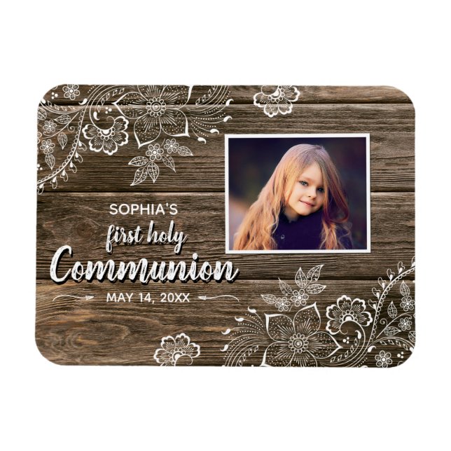 Rustic Wood Lace First Holy Communion Photo Magnet (Horizontal)