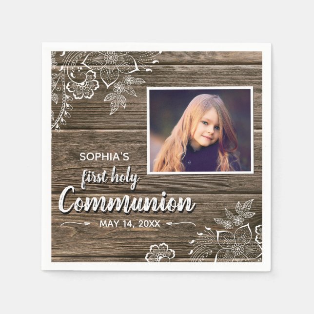 Rustic Wood Lace First Holy Communion Photo Napkin (Front)