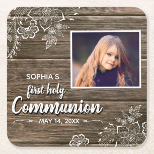 Rustic Wood Lace First Holy Communion Photo Square Paper Coaster
