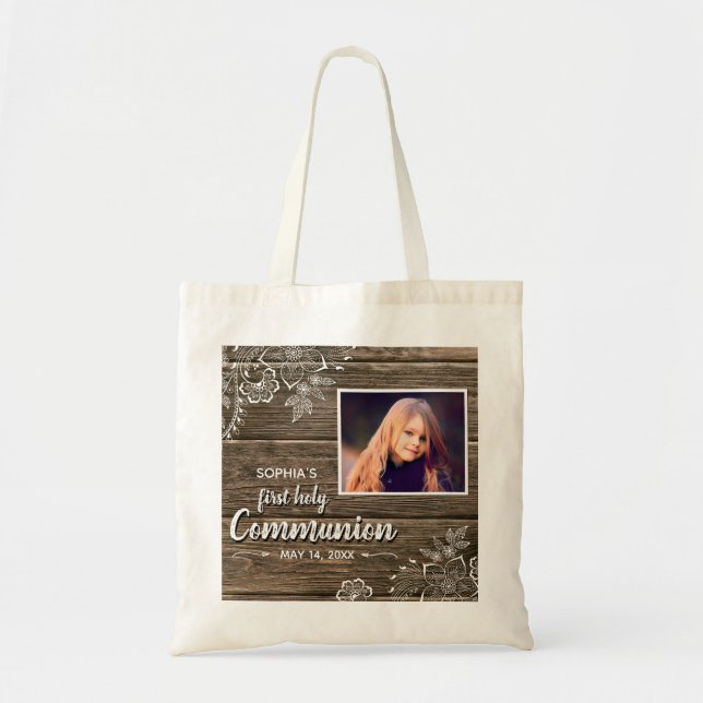 Rustic Wood Lace First Holy Communion Photo Tote Bag (Front)
