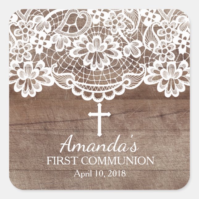 Rustic Wood Lace First Holy Communion Sticker (Front)