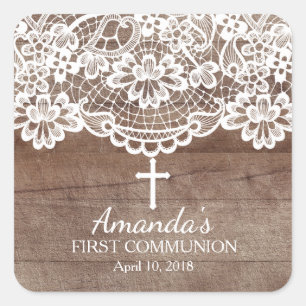Rustic Wood Lace First Holy Communion Sticker