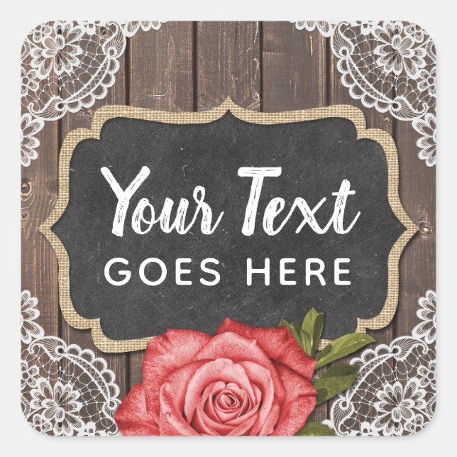 Rustic Wood & Lace Floral Chalkboard Country Chic Square Sticker (Front)