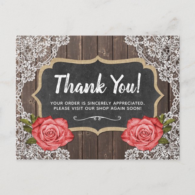Rustic Wood & Lace Floral Chalkboard Thank You Postcard (Front)