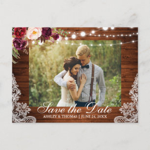 Rustic Wood Lace Floral Save the Date Back Text Announcement Postcard