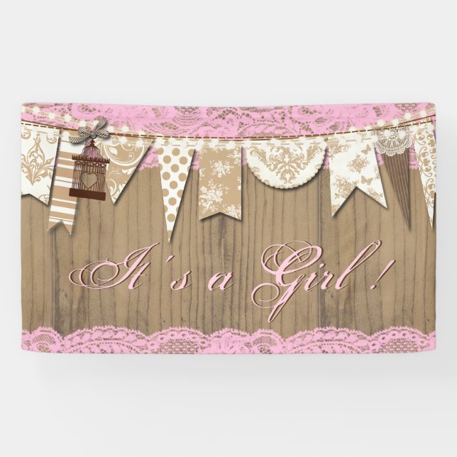 Rustic Wood Lace Girl Baby Shower Banner (Horizontal)