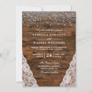 Rustic Wood Lace Glitter Confetti Wedding Invite