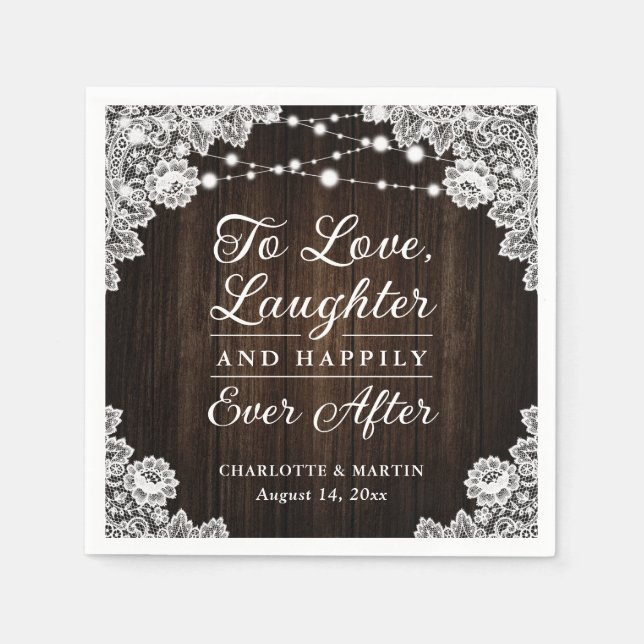 Rustic Wood Lace Happily Ever After Wedding Napkin (Front)