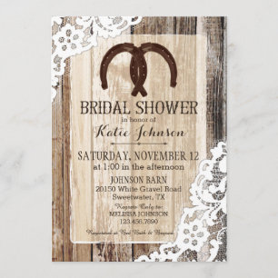 Rustic Wood Lace Horseshoe Country Bridal Shower Invitation