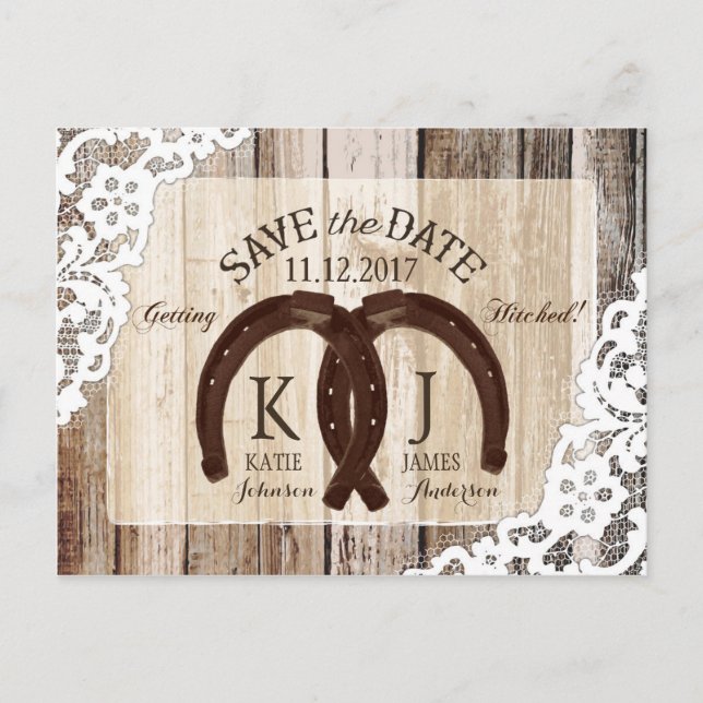 Rustic Wood Lace Horseshoe Country Save the Date Announcement Postcard (Front)