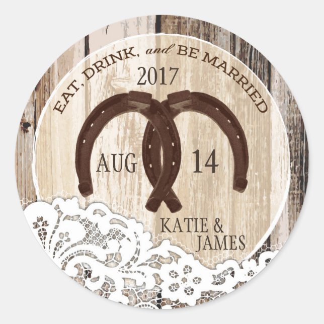 Rustic Wood Lace Horseshoe Country Wedding Classic Round Sticker (Front)