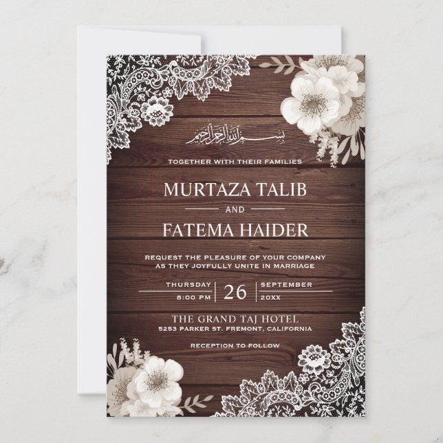 Rustic Wood Lace Ivory Floral Islamic Wedding Invitation (Front)