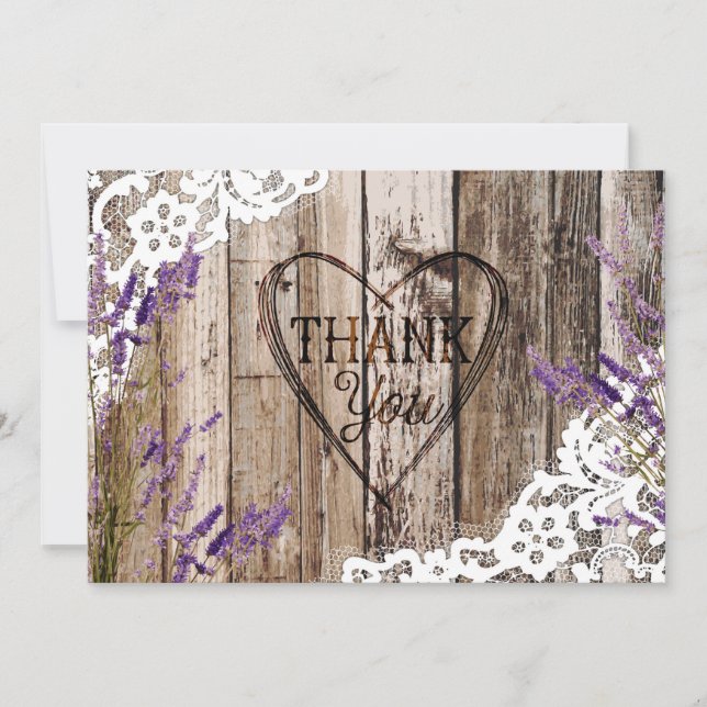 Rustic Wood Lace Lavender Heart Etching Thank You Card (Front)