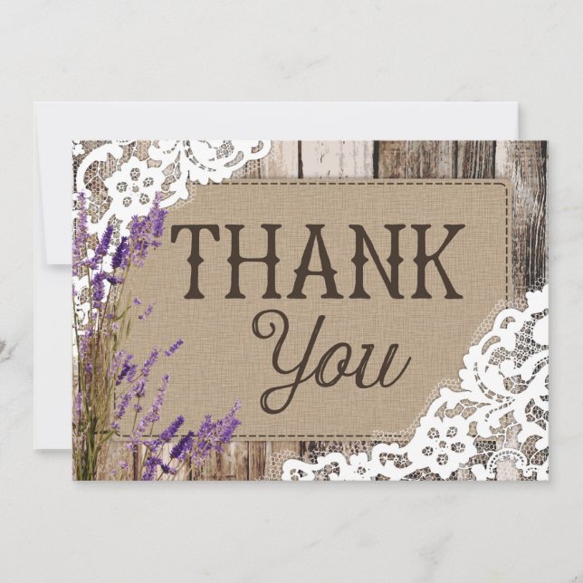 Rustic Wood Lace Lavender Heart Etching Thank You Card (Front)