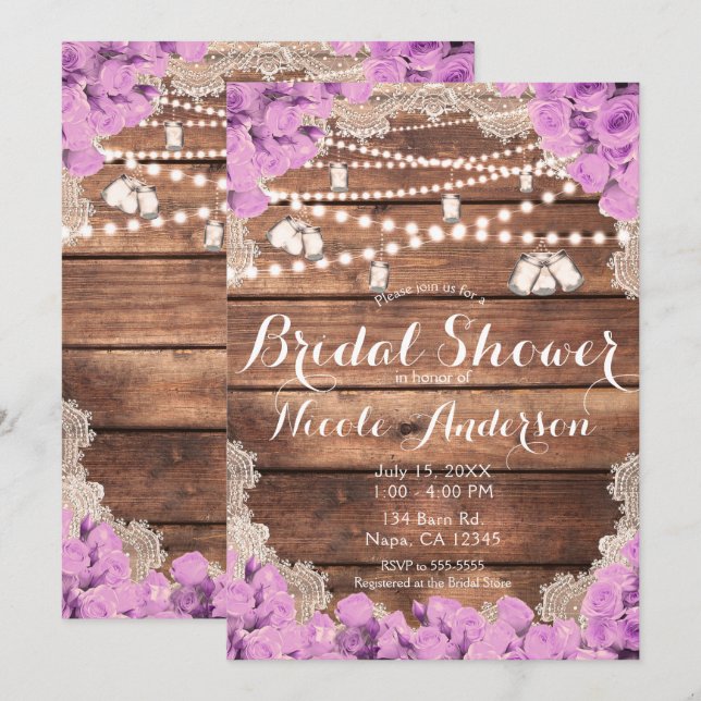 Rustic Wood Lace Lavender Roses Bridal Shower Invitation (Front/Back)