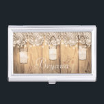Rustic Wood Lace & Lighted Mason Jar Business Card Holder<br><div class="desc">Rustic Wood Lace & Lighted Mason Jar Business Card Holder. Customise with any text or leave it blank.</div>