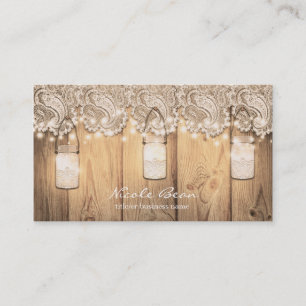 Rustic Wood Lace & Lighted Mason Jar Wedding Business Card
