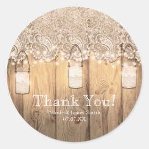 Rustic Wood Lace & Lighted Mason Jar Wedding Classic Round Sticker
