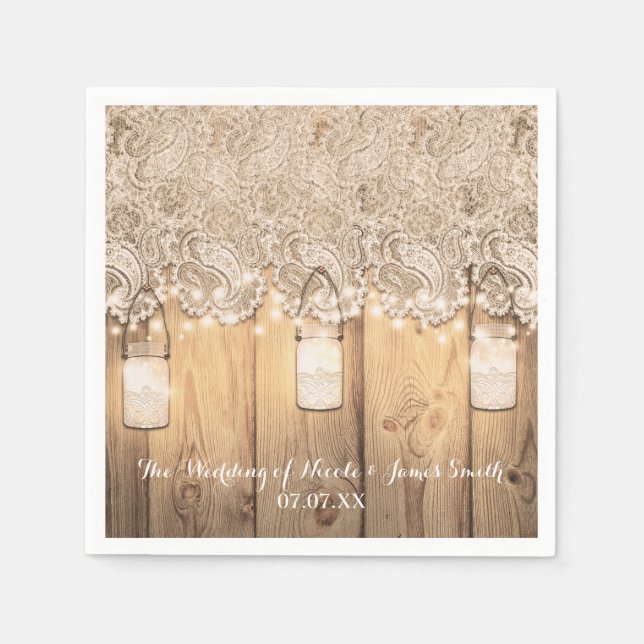 Rustic Wood Lace & Lighted Mason Jar Wedding Napkin (Front)