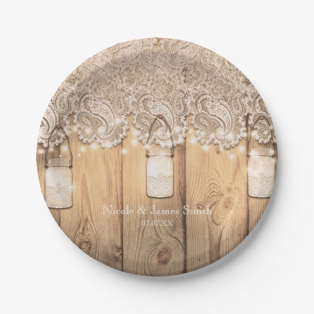 Rustic Wood Lace & Lighted Mason Jar Wedding Paper Plate (Front)