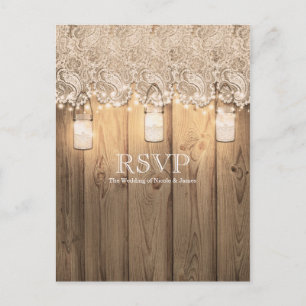 Rustic Wood Lace & Lighted Mason Jar Wedding RSVP Invitation Postcard