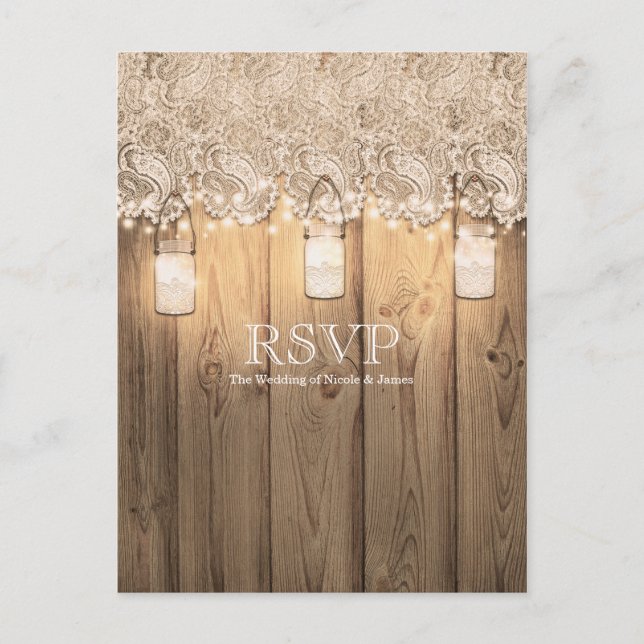 Rustic Wood Lace & Lighted Mason Jar Wedding RSVP Invitation Postcard (Front)