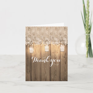 Rustic Wood Lace & Lighted Mason Jar Wedding Thank You Card