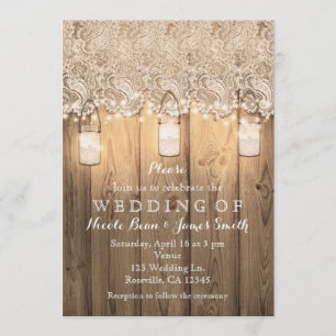 Rustic Wood Lace & Lighted Mason Jars Wedding Invitation
